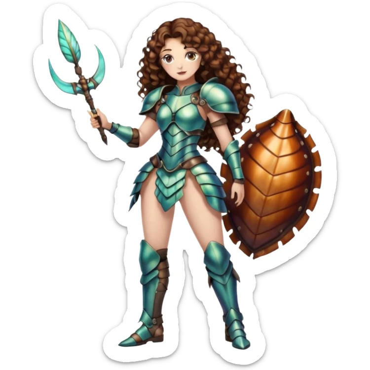 full body woman long curly brown hair brown eyes white skin tattoos beetle shell armor couture, iridescent plates, confident stance sticker
