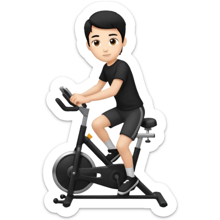 Stationary bike boy riding on it black shirt and black hair sticker