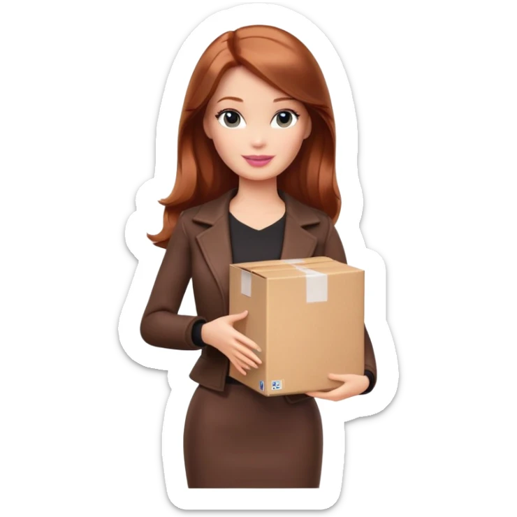 Barbie, shoulder-length reddish-brown hair, holds a package box, Barbie is wearing dark brown colored clothes sticker