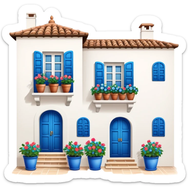 Andalusian-style Spanish house with white walls, blue accents, and flowerpots on windows sticker