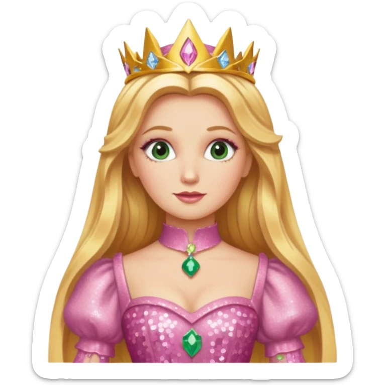 Glinda from The Wizard of Oz with long golden blonde hair, pink sequin outfit sticker