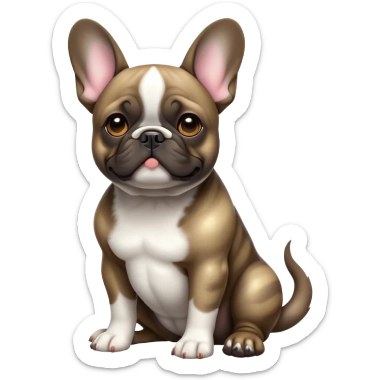 cinematic-[french bulldog]-realistic-full-body-sitting-emoji,-tail-resting-loosely-beside-its-paws,-head-tilted-dramatically,-sleek-[pied brindle]-fur,-simplified-yet-realistic-focused-features,-highly-detailed,-glowing-with-an-almost-sarcastic-glow sticker