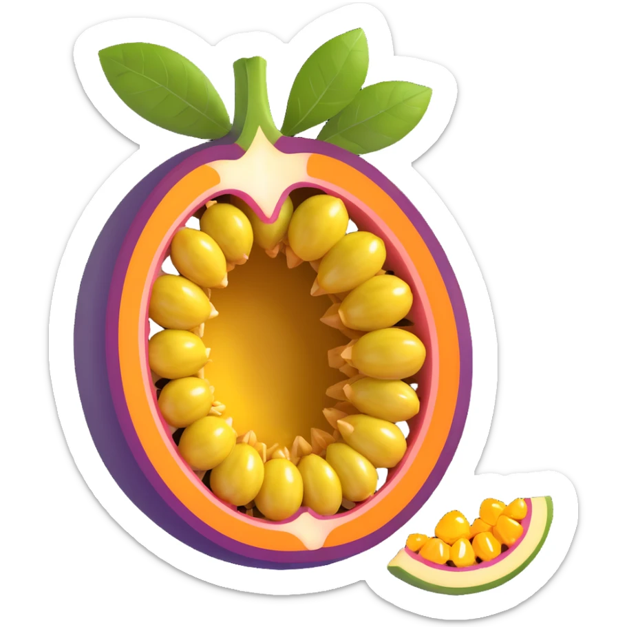a fresh passion fruit, purple, cut open to show seeds, vibrant and juicy sticker