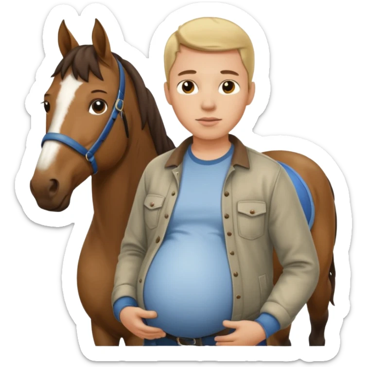 pregnant man in casual wear near horse sticker