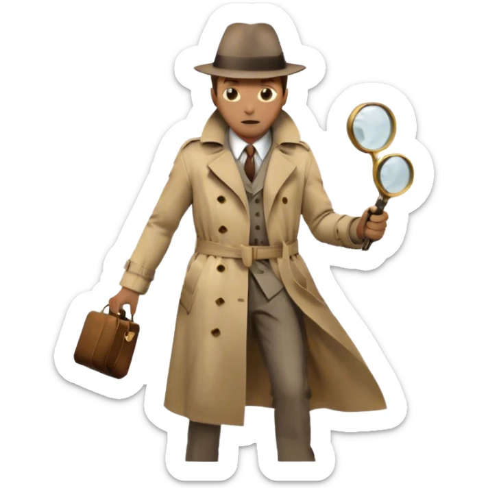 Icon for Detective Movie: A vintage movie poster-style design of a mysterious detective in a trench coat, holding a magnifying glass. Include dark alleyways, fog, and shadowy figures. The design should evoke a classic noir detective story with retro cinematic typography. Transparent background. sticker