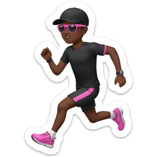 Un uomo che corre vestito completamente di nero, con un cappellino nero, occhiali da sole da bambino rosa sticker