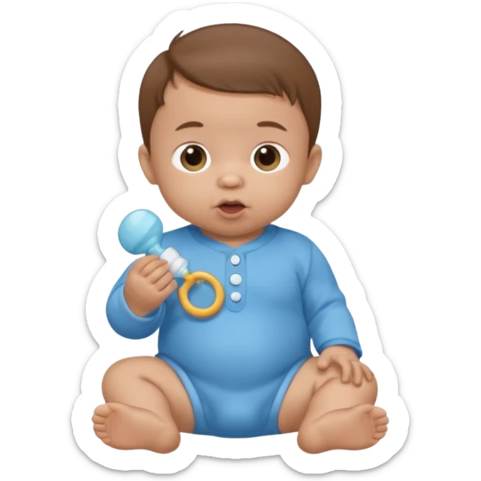 A cartoon baby with light skin, small tuft of hair, wearing a baby outfit, holding a pacifier, front-facing sticker