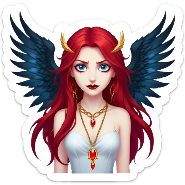 extremely diabolical girl with massive towering wings, very long flowing blood red hair, glowing blue eyes, black hellfire aura, no horns, evil grin, gold necklace sticker