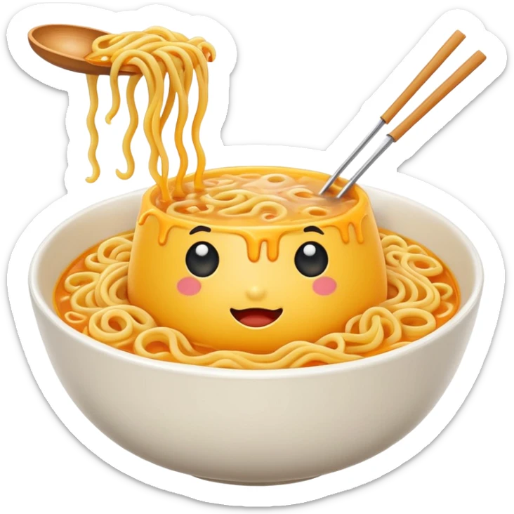 buldak cheese instant noodle emoji, yellow noodles in a bowl, cheese on top, cute and expressive sticker