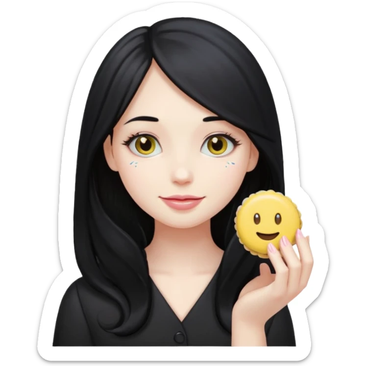 pale girl with long black hair holding a macaron, emoji style sticker