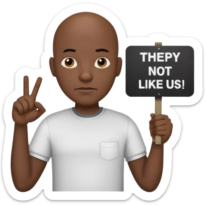 Bald black cartoon man with  “They Not Like Us” on his shirt holding a sign that says Bando sticker