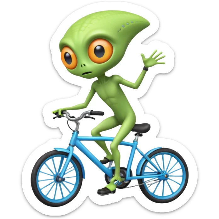one-eyed alien riding a bicycle, large single eye, colorful skin, funny balance pose, cute sci-fi style, 3D cartoon, mobile game icon style, clean background, no text, no watermark
 sticker