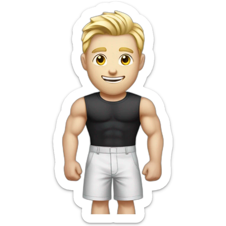 Pale skinned Fit Man With the biceps and blonde hair in black shirt, gray sports shorts and white Sneakers Writing text on the flipchart sticker