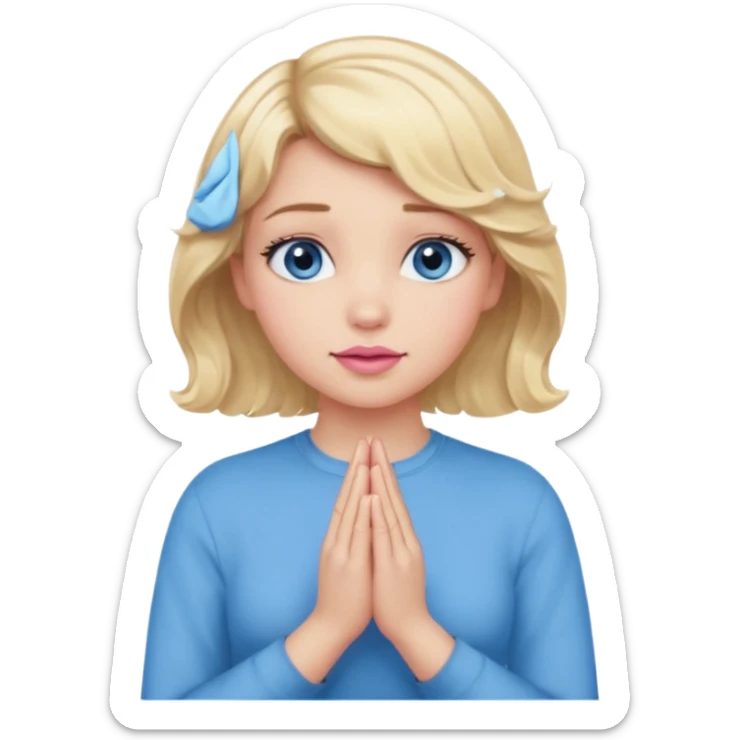 Girl Blonde short wavy hair,  blue eyes, cute blue top, long lashes, pink lips, praying hands sticker