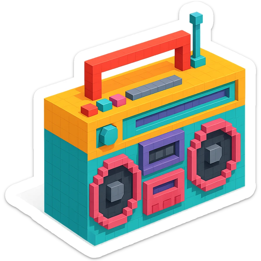 retro boombox with detailed buttons, cassette player, and large speakers sticker