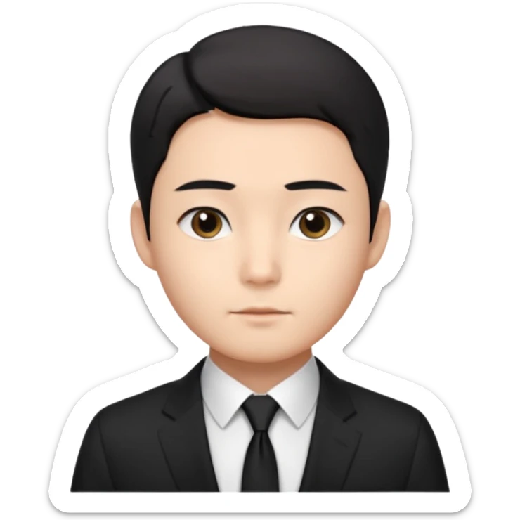 Korean male, clean studio portrait, short black hair with soft middle part,
natural skin tone, neat eyebrows, calm expression,
wearing a black suit, white shirt, black tie,
passport photo style, front facing, realistic, clean background sticker