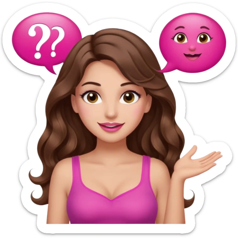 girl with long wavy brown hair, brown eyes, long lashes makeup, sexy pink lips, light to medium complexion, wearing a pink sexy top, shugging, smiling, question mark one speech bubble sticker
