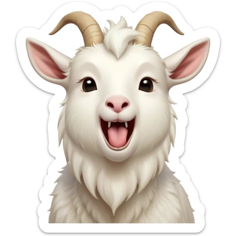 Cinematic Cute Yawning White Goat Portrait Emoji, Head tilted slightly with a dramatic, wide-open yawn, showcasing a soft, downy white fur with delicate horns and gently drooping ears, round eyes barely open in drowsy contentment, Simplified yet irresistibly adorable features, highly detailed, glowing with a soft, cozy glow, high shine, relaxed yet expressive, stylized with a touch of whimsy, bright and endearing, soft glowing outline, capturing the essence of a sleepy yet affectionate goat, so drowsy it feels like it could stretch out of the screen and curl up for a nap! sticker