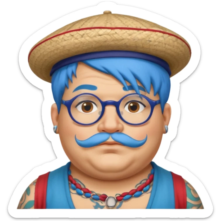 very tattoed face, normal glassess, fat venice gondolier with iconic hat and blue hair woman sticker