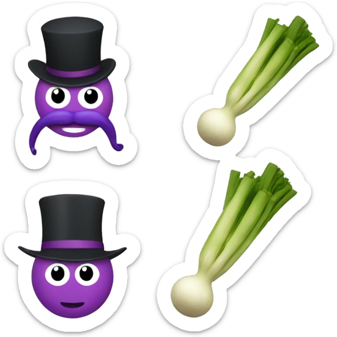 Make a Man holding a Leek wearing a tophat but the tophat has a purple band, has bubblegum sticker