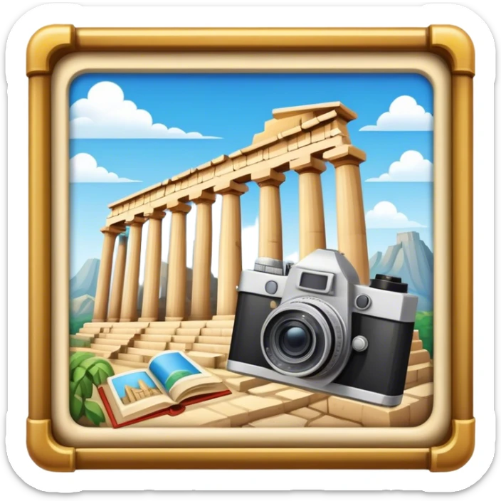 Icon for Historical and Cultural Tourism: iconic landmarks like ancient ruins, a museum and a historical monument, with a travel guidebook and camera. The icon should capture the exploration of history and culture. Transparent background. sticker