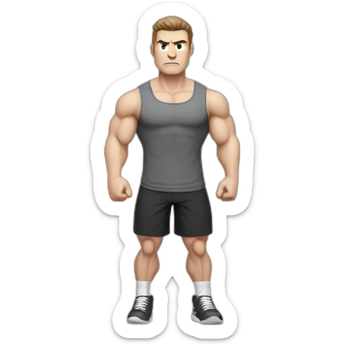 Angry Pale skinned Fit Man With the biceps and dark brown hair in black shirt, gray sports shorts and white Sneakers sticker