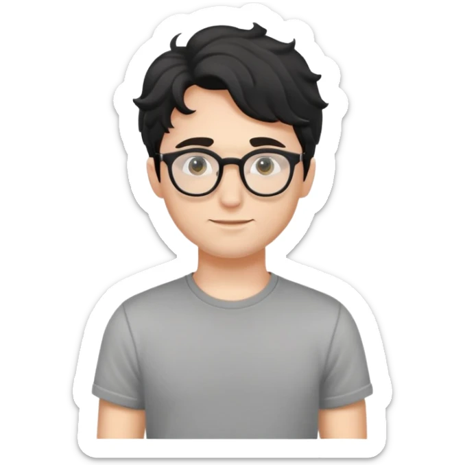 Young caucasian man with black wavy hair, round glasses, simple grey t-shirt sticker