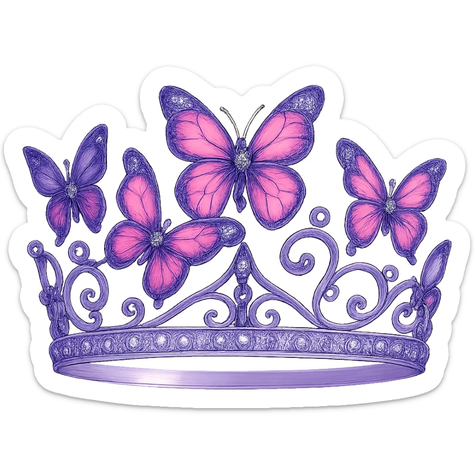 butterfly crown with a lavender base, butterflies in purple and pink enamel, sparkling gems, transparent background sticker
