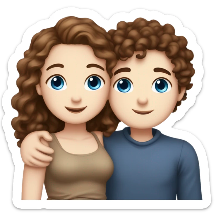 Cute chubby Girl with brown curly hair and blue eyes and pale skin with freckles hugging a tall handsome boy with brown hair brown eyes and white skin sticker