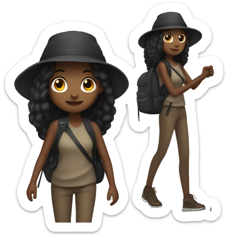 Dark skinned girl with long straight black hair hiking with black bucket hat and walking stick standing up sticker