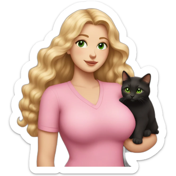 woman with green eyes and long wavy blonde hair and big boobs in a pink shirt is holding a very fluffy and fat black and tortoiseshell cat sticker