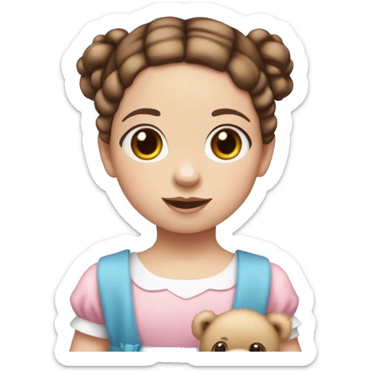 Little Girl with White skin, blue eyes. brown hair with two braids and pink two bows in it. She is wearing a pink and White dress, standing and holding on to a teddybear. sticker