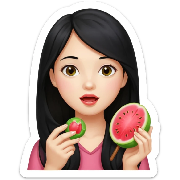 A girl with long black hair holding a piece of guava hard candy and pretending to eat it sticker
