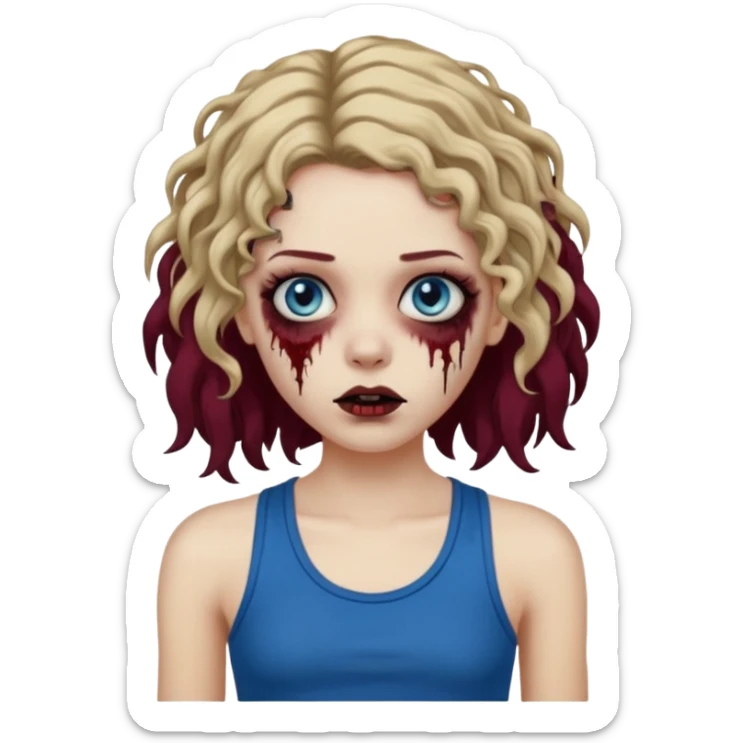 Crie um emoji de uma garota zumbi, como esta: "🧟‍♀️'. Porém invés da camiseta, uma regata fina e de cor preta, os cabelos loiros escuros na altura do ombro e picotado, liso na raiz e cacheado nas pontas, com mechas azuis nas mechas da frente e a parte de trás pintada de vermelho vinho sticker