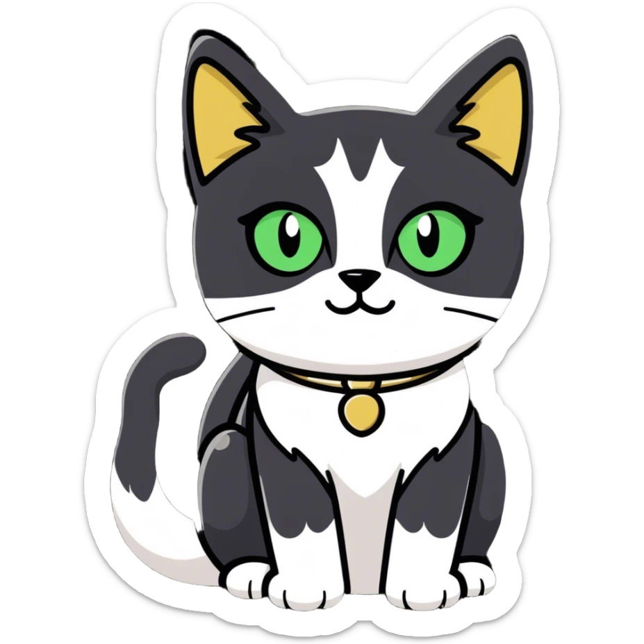 Female Tuxedo domestic short hair, more white than black, green/gold eyes sticker