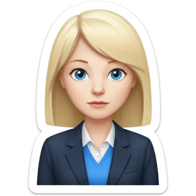 40 yr old white woman, pale skin, long straight blond hair parted in center, blue eyes, bangs, clothes for office sticker