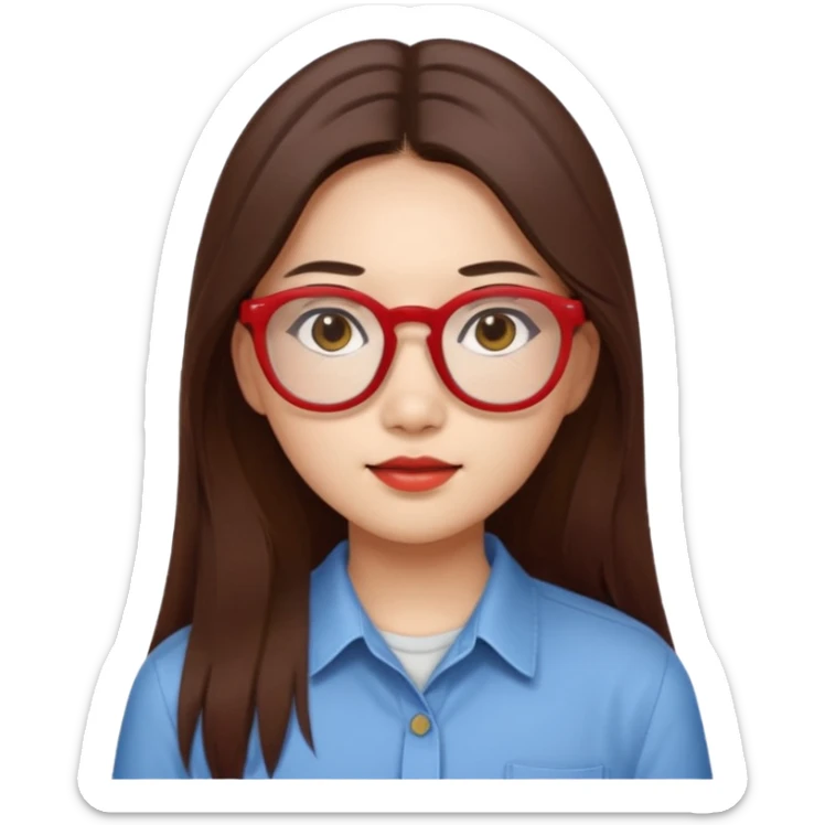 20 yr old asian woman, straight thick long brown hair, middle part, big red glasses, brown eyes, casual shirt sticker