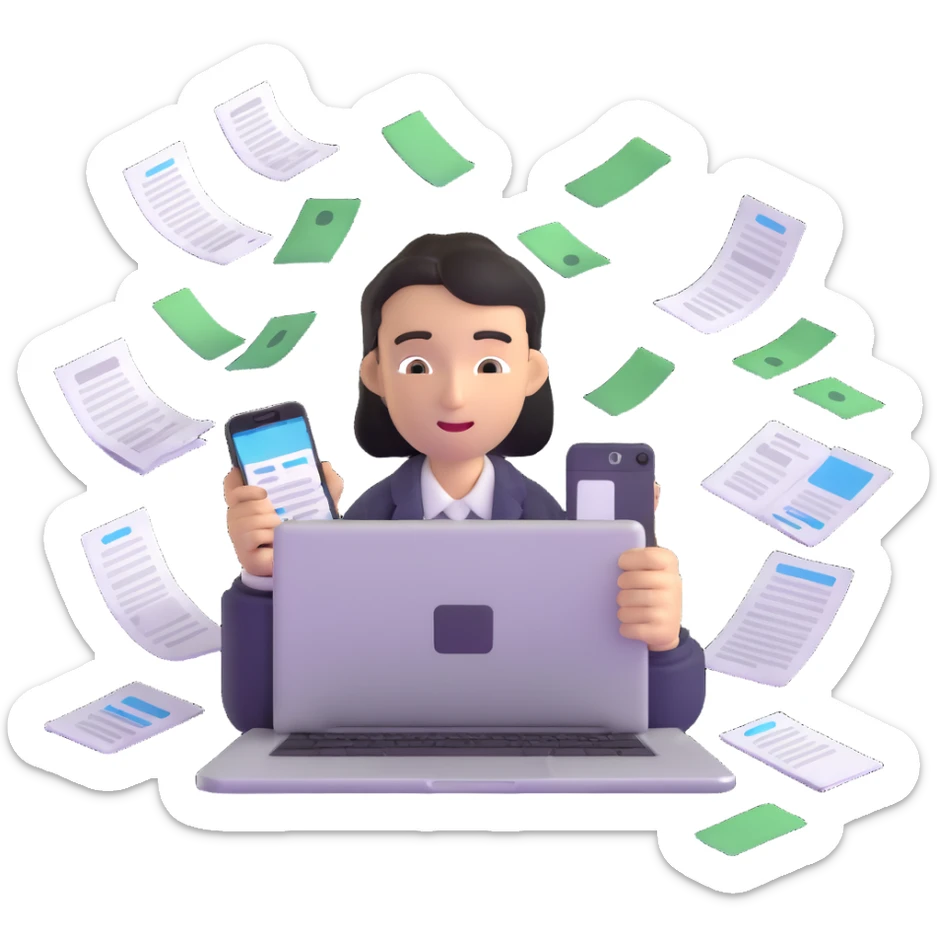 person holding a phone in one hand, laptop open in front, storm of receipts, invoices, and reminders swirling around, multitasking chaos sticker