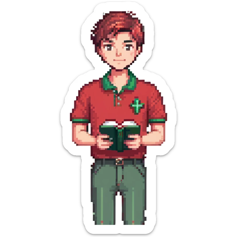 full body man, red polo, cross necklace, clean haircut, holding a book, standing pose sticker