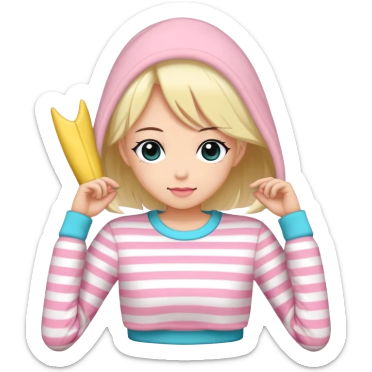 En anime-jente med to rosa lange tykke fletter og cyan striper i håret, ku-horn og ku-ører, sort BH-topp over en gul cropped-fleece-blouse sticker