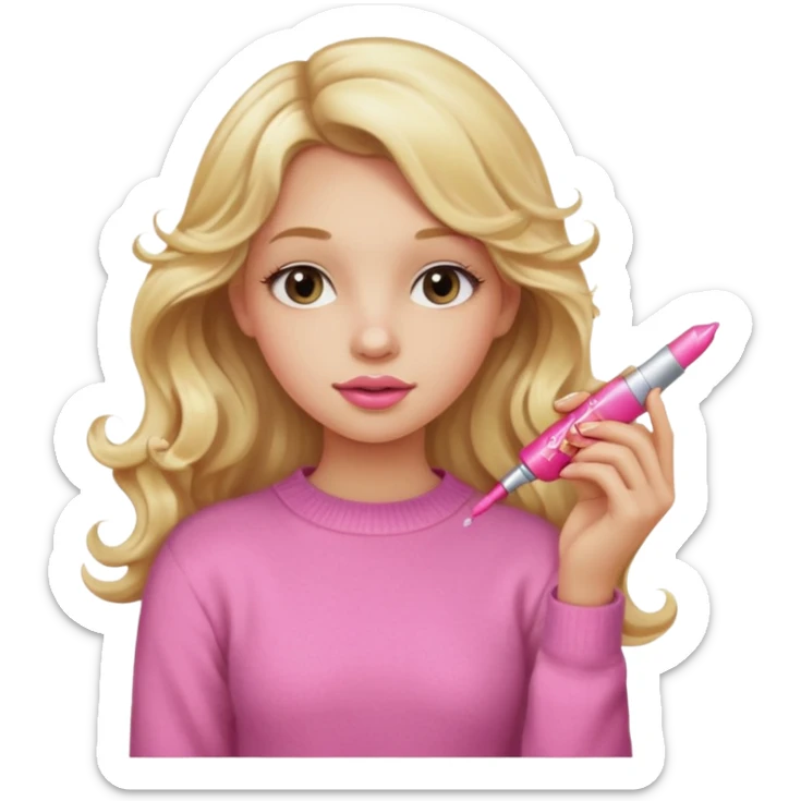 A long curled blonde haired  young girl with a pink sweater and holding a lip gloss sticker