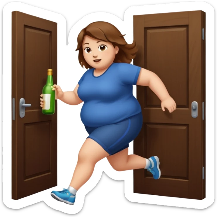 A fat girl with brown hair running towards a door with alcohol sticker