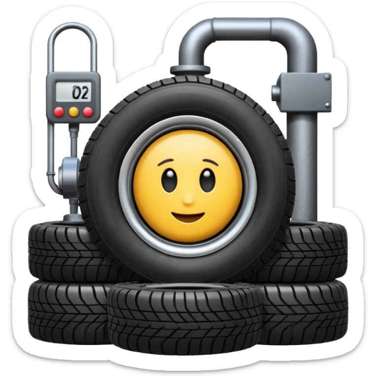 please draw me a emoji of tire - inside the manufacturing factory - getting inspected by machine sticker
