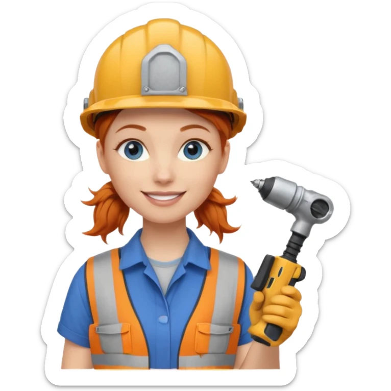 A ginger haired girl blue eyes, handyman Outfit, wearing a Helmet, with drill sticker
