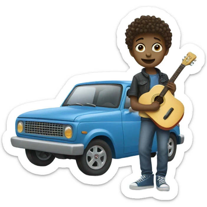 small boy holding a guitar and wearing silly shoes standing on top of a blue car sticker
