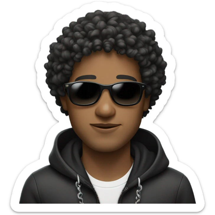 Curly haired man wearing a black hoodie, necklace chain, black sunglasses sticker