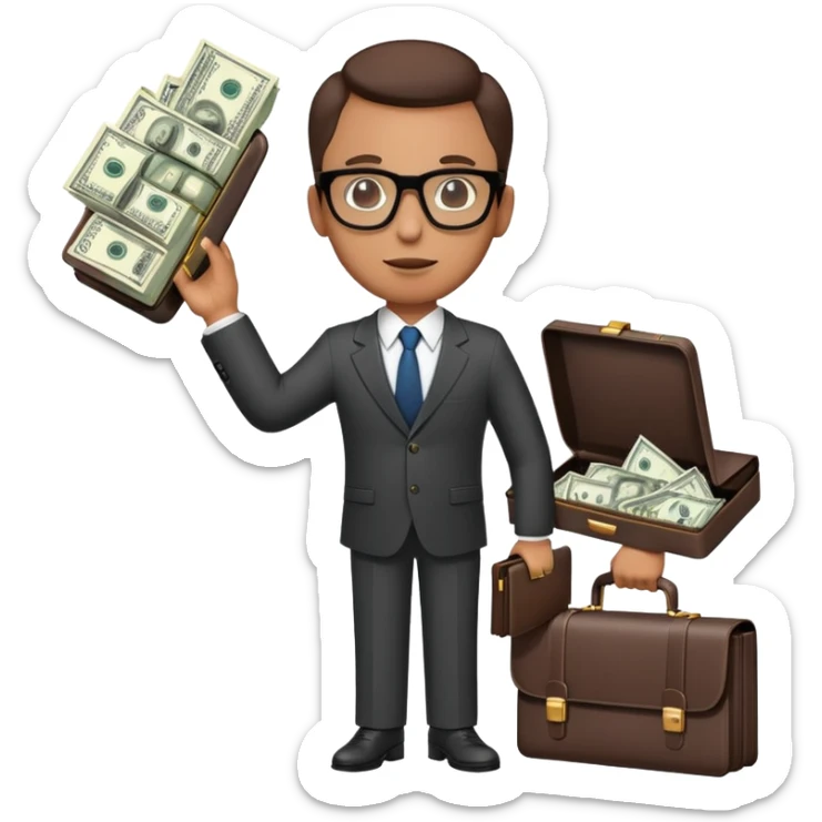 businessman in suit and glasses with an open briefcase full of dollar bills sticker