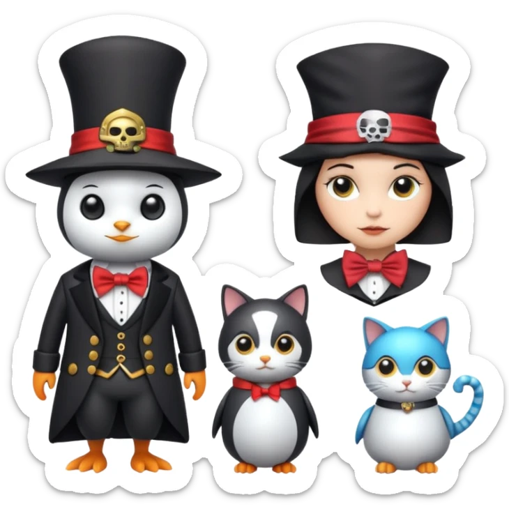 Penguin Wizard, pirata, gato con sombrero y pajarita y mujer con cuerpo de robot sticker
