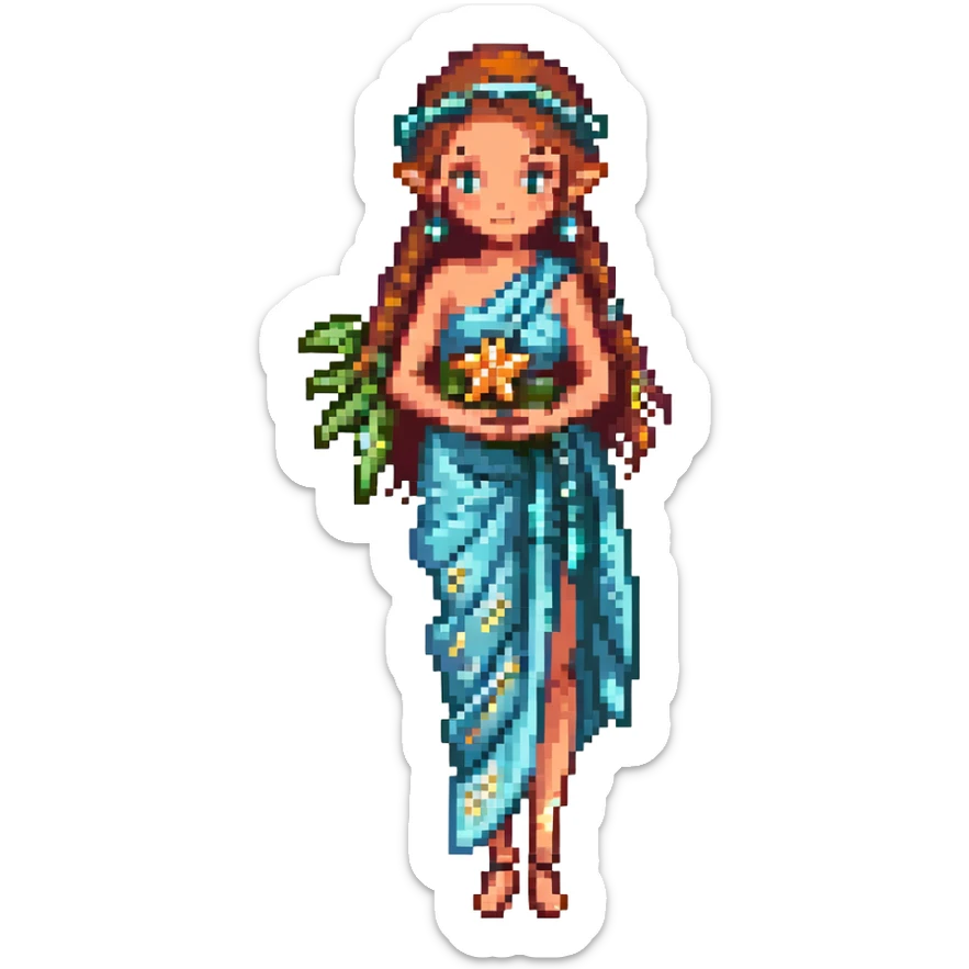elf female Sarong with bioluminescent embroidery, armful of starfish, hair in a braid with pearl pins sticker