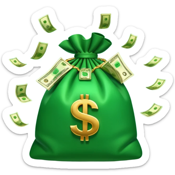 

3D emoji style, big bag of money, flying dollar bills, rich casino vibe, smooth lighting, high detail, clean edges, transparent background



 sticker